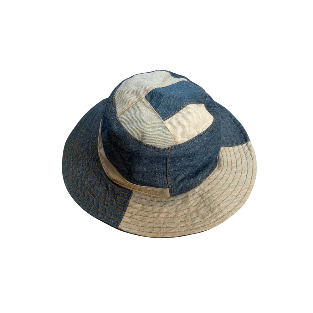 Understated Leather Patchwork Denim Bucket Hat Blue Tan Colorblock Boho